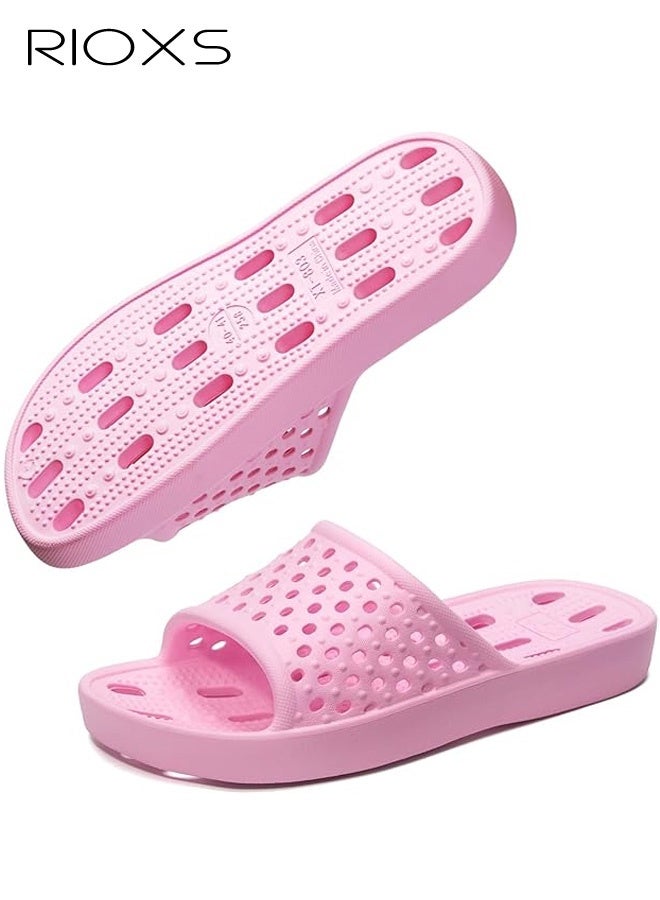 RIOXS Slippers For Women, Quick Drying Shower Slippers With Drainage Holes, Soft Comfortable Slippers, Flat Sliders, Non-Slip Bath Slippers, Bathroom Slippers For Indoor Outdoor Poolside Use, Lightweight Dorm Home Slide Sandals, Pink - Image 2